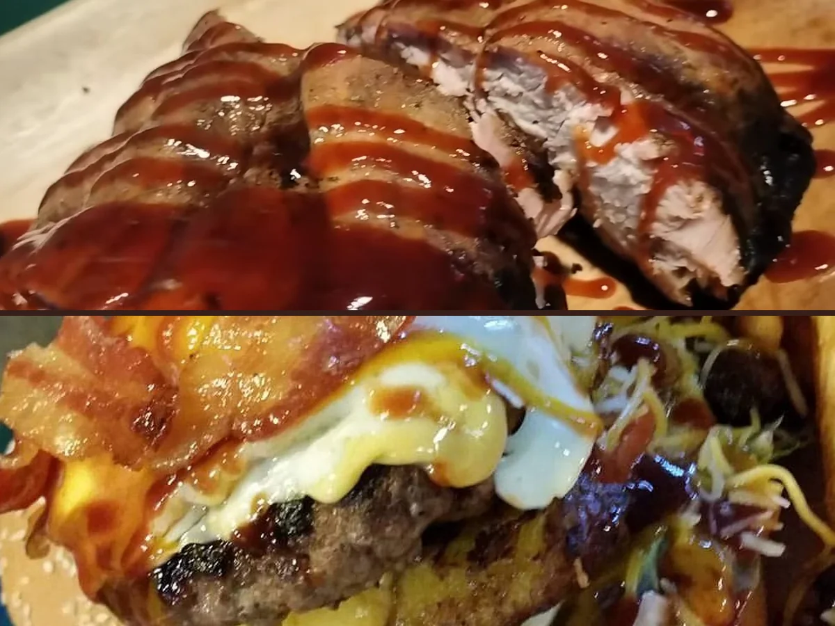 A spread of burgers, ribs, and small plates.