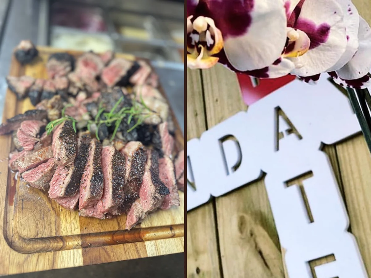Smoked barbecue plates on a casual dining table.